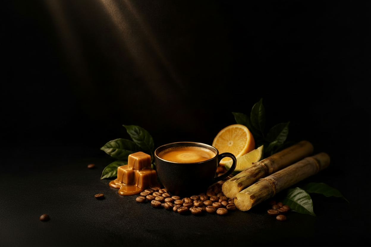 Australian Coffee with a cup of coffee, caramel, citrus, and sugar cane on a dark background.